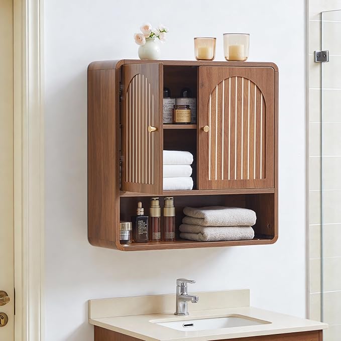 Wall Mounted Storage Cabinet for Bathroom, Mid-Century Wood Medicine Cabinet with Adjustable Shelf & Door, Over Toilet Organizers for Bathroom, Laundry Room, Kitchen (Walnut Color)