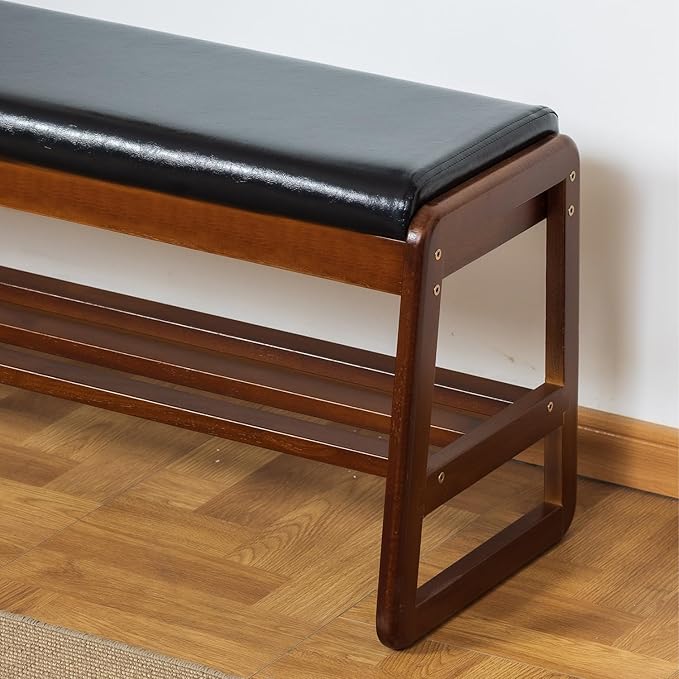 SOBIBO Solid Wood Shoe Bench, 2-Tier Entryway Bench with Cushion and Flip-Open Storage Box, Mid-Century Modern Shoe Bench Rack for Hallway, Mudroom(Black, 39.4'')