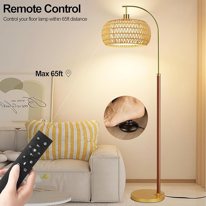 Wood Arc Floor Lamps for Living Room,Boho Rattan Floor Lamp with Remote Control & 3 Color Temperatures,Dimmable Mid Century Modern Standing Lamp Farmhouse Vintage Tall Floor Lamp For Bedroom Corner