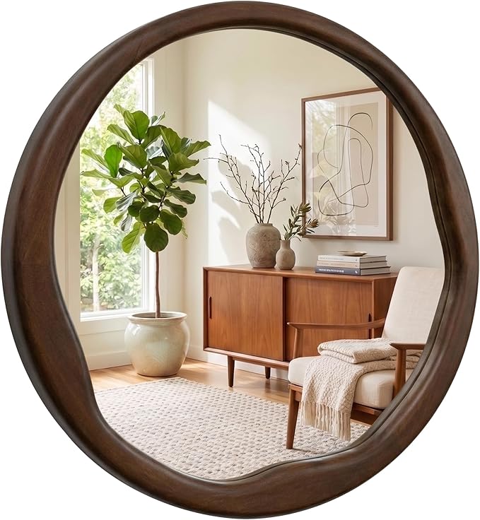Round Dark Wood Mirror 30 Inch, Large Solid Wood Framed Wall Mirror with Asymmetrical Wavy Inner Edge for Living Room, Fireplace & Dining Room Decor