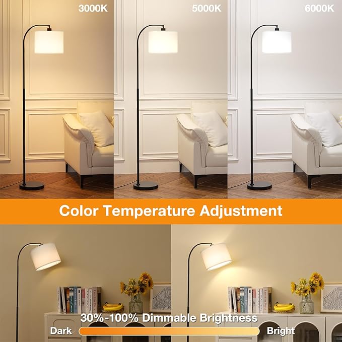 Ambimall Arc Floor Lamp with Remote and Stepless Dimmable Bulb, Colors Temperature & Brightness Adjustable, Floor Lamps for Living Room（White Shade & Black Pole）