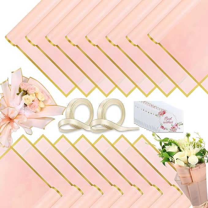 Luerbi 40 Sheets Pink Flower Wrapping Paper, Gold Edge Waterproof Floral Wrapping Paper, 22.8x22.8 inch Bouquet Paper Wrap with 2 Rolls Ribbon for Wedding Birthday Gift DIY Crafts Florist Supplies