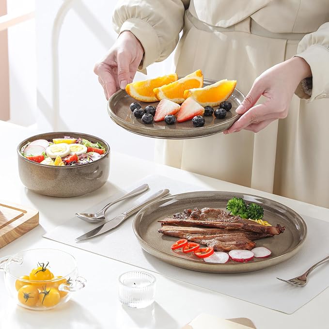 vancasso PLAYA Plates and Bowls Sets, 24 Pieces Dark Brown Dinnerware Sets for Kitchen, Reactive Glaze Dishes Set for 8, Dishwasher and Microwave Safe