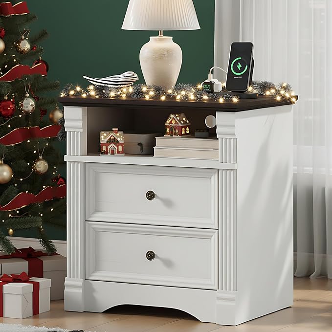 White Nightstand with Charging Station, Farmhouse Wood Bedside Table & End Table with 2 Drawers and Chic Wood Pilasters Design, Side Table Storage Cabinet with Metal Handles for Bedroom, Living Room