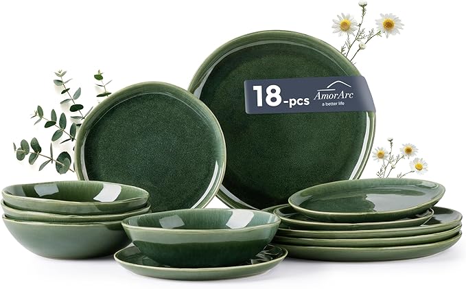 AmorArc Ceramic Dinnerware Sets,Handmade Reactive Glaze Stoneware Plates and Bowls Sets,Highly Scratch Resistant | Dishwasher & Microwave Safe Dishes Set,Service for 6 (18pc)