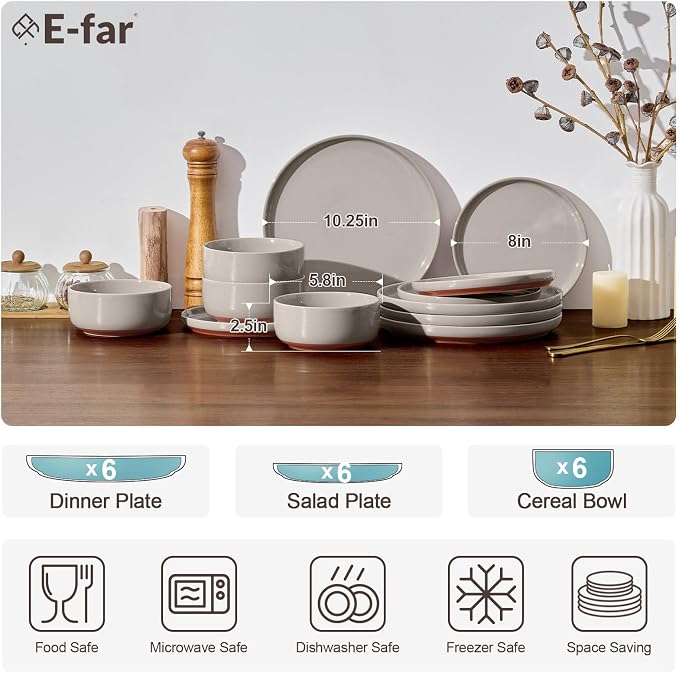 E-far 18-Piece Ceramic Dinnerware Sets, Plates and Bowls Sets for 6, Stoneware Dishware Dishes Set with Terracotta Base, Chip & Scratch Resistant, Microwave & Dishwasher Safe, Speckled Khaki