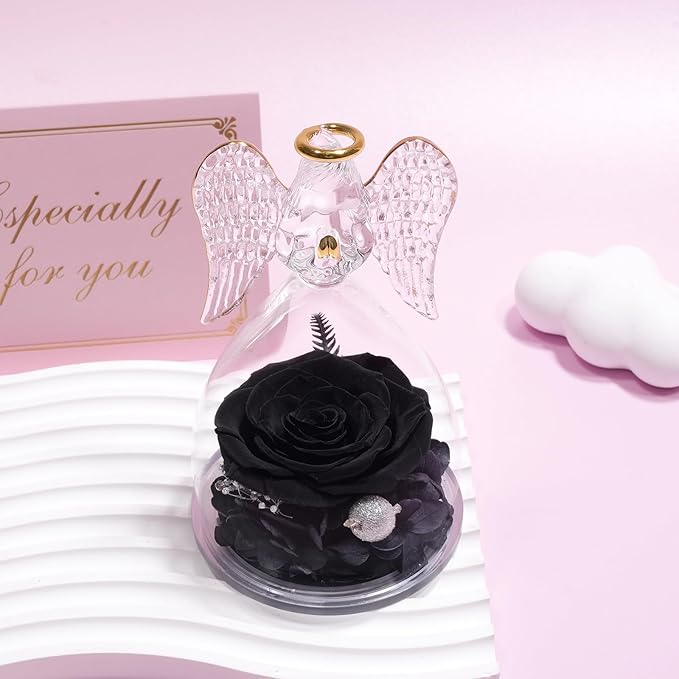 Yamonic Mom Birthday Gifts for Mom, Angel Figurines with Real Rose Gifts for Her Mom Grandma,Preserved Rose Angel Figurines for Women, Mothers Day Christmas Valentine's Day Gifts for Women (Black)