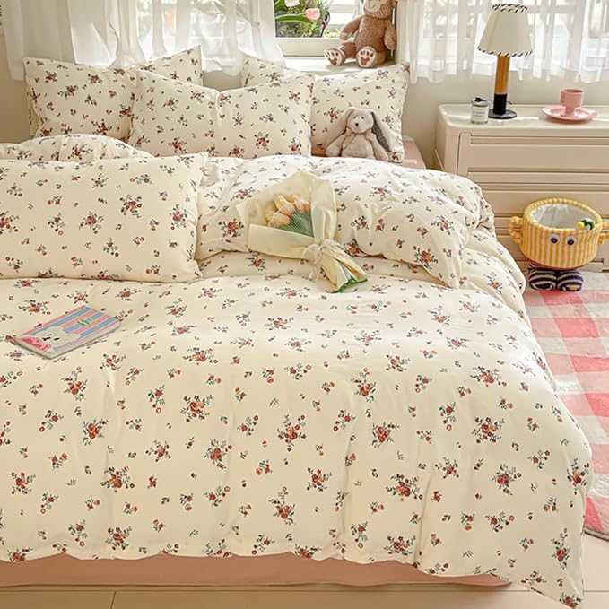 Nayoroom Vintage Floral Duvet Cover Queen Size Red Rose Flower Green Botanical Cottagecore Bedding Set 3 Pieces Soft Lightweight Washed Microfiber Spring Duvet Cover Gifts for Women Girls