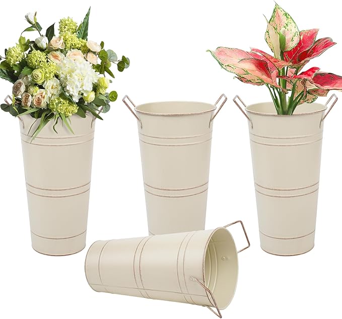 Notakia 10.62 Inch Galvanized Metal Vases Farmhouse French Flower Bucket Vases for Cut Flowers for Home Decor and Wedding Table Centerpiece Decorations (Medium Size Beige 4Pcs)