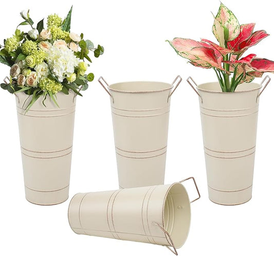 Notakia 10.62 Inch Galvanized Metal Vases Farmhouse French Flower Bucket Vases for Cut Flowers for Home Decor and Wedding Table Centerpiece Decorations (Medium Size Beige 4Pcs)