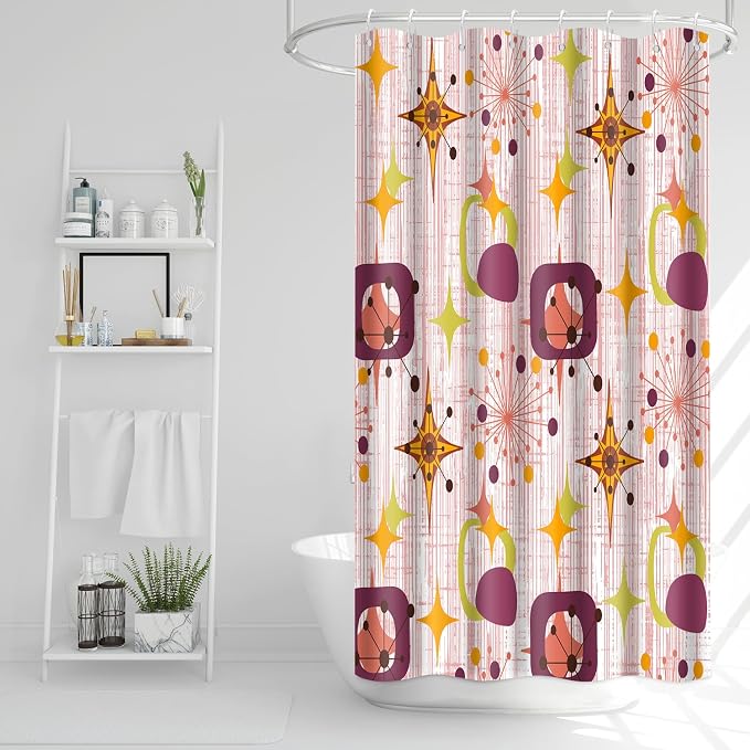 Mid Century Shower Curtain, 36x72inch, Modern Abstract Retro Red Striped Geometric Shower Curtain Sets 1950s Boho Bathroom Shower Curtain with 6 Hooks
