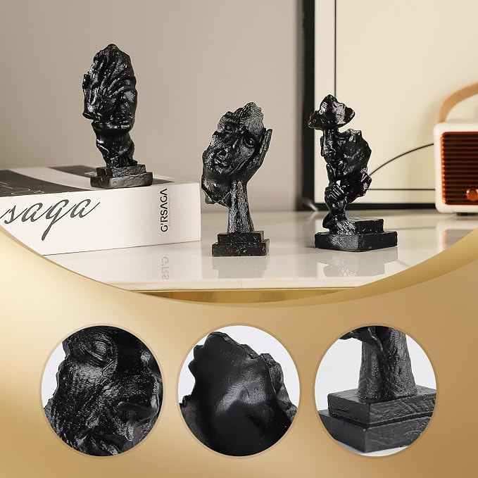 3 Pcs Thinker Small Statue Set - Black Art Abstract Decor, Modern Living Room Decoration, Knick Knacks for Shelves, Table Decor, Office Bookshelf, Gift for Friends