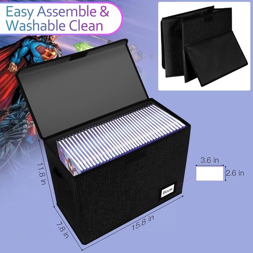 Comic Book Storage Box - Heavy Duty Organizer for 160-180 Comics | 2 Pack, Collapsible, 15.8” x 7.8” x 11.8” (Black)