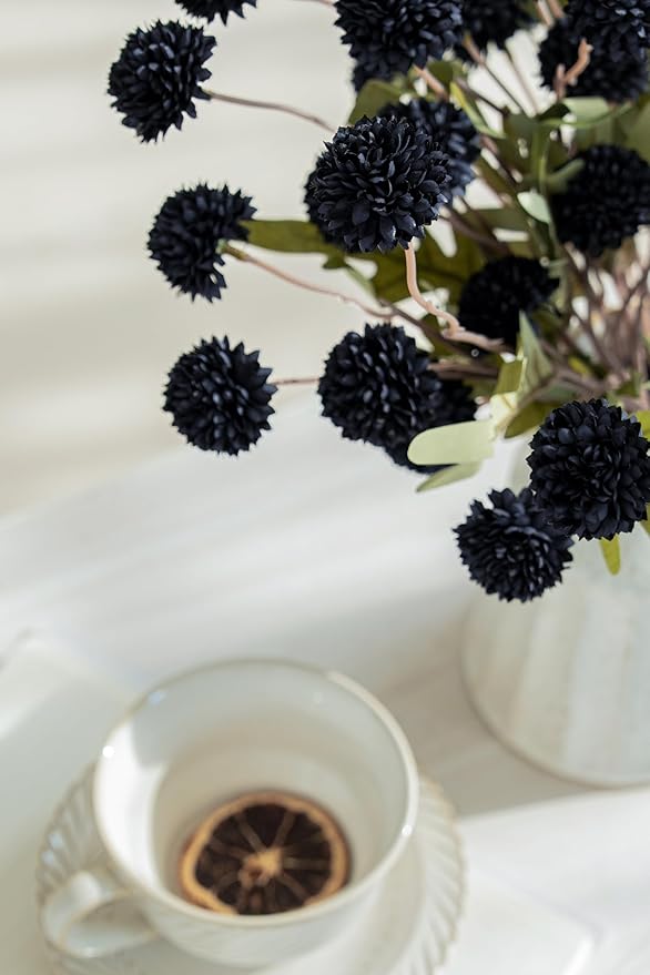 Laelfe Black Kiku Artificial Flower - 5 Pcs Fake Pompon Mums Silk Small Chrysanthemum Faux Ball Fall Flower Stem Decor for Halloween Wedding Filler DIY Bouquet Centerpieces Arrangements Shower(Black)