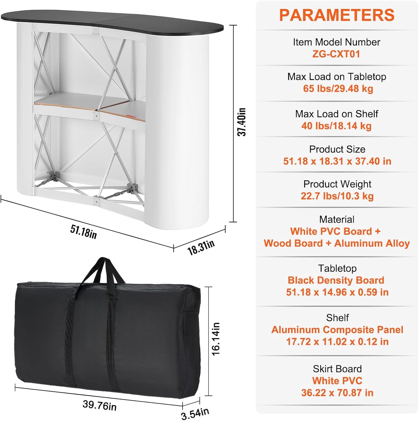 VEVOR Portable Tradeshow Podium Table - Foldable Exhibition Counter Stand | 51.18" x 18.31" x 37.4" with Storage Rack & Carrying Bag