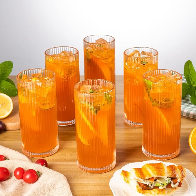 Ribbed Glassware Vintage Drinking Glasses 6Pcs -13OZ Clear Ribbed Drinking Glasses For Coffee, Cocktails, Smoothies, Juice, Beer, Water - Dishwasher Safe Lead-Free - Christmas Thanksgiving Gifts