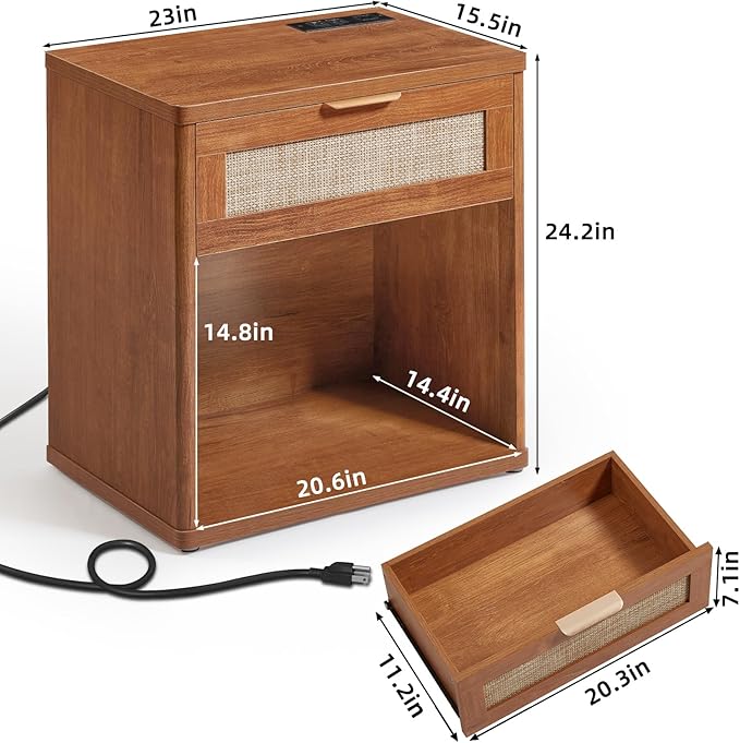 LEYAOYAO Rattan Nightstand with Charging Station, Tea Brown Night Stand with Drawer, 23" Wide Boho Bedside Table with Storage Shelf, Bed Side End Tables for Bedroom, Living Room, Hallway