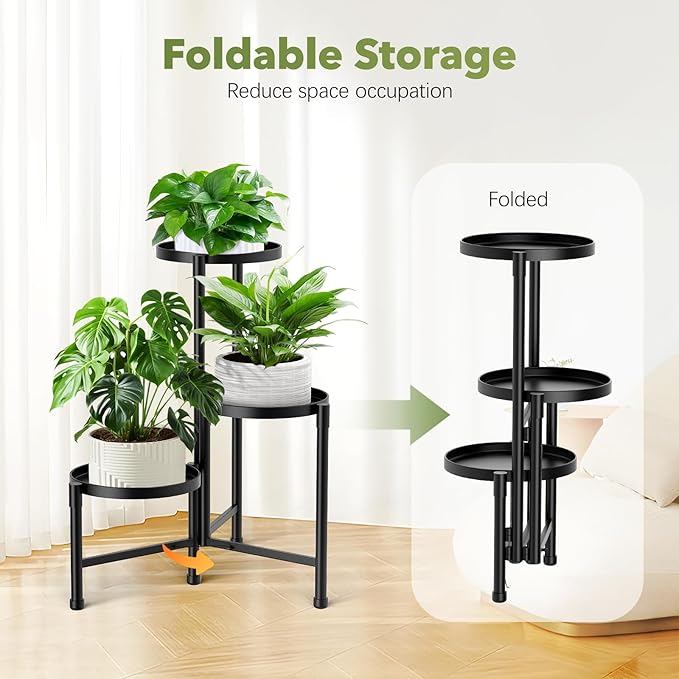 3 Tier Corner Plant Stand Indoor Outdoor, Metal Plant Shelf with 10 Inch Wide Tray,Flower Pot Display Holder Iron Rack Organizer Stand for Living Room Office Garden Patio Balcony Black