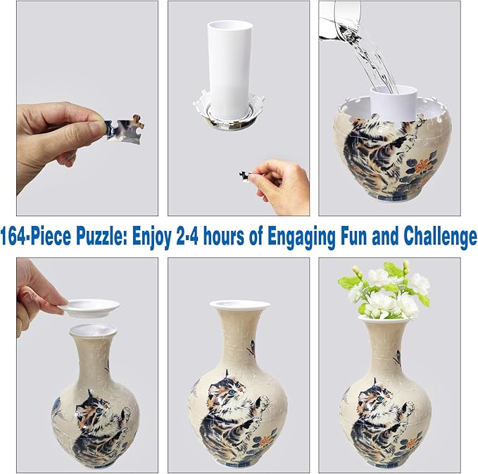 3D Puzzle Vase, 160 Curved Pieces DIY Flower Vase Craft Kit & 3D Puzzles for Adults, Creative Jigsaw Art Project Home Décor Centerpiece, for Women, Mom (Beige Cat & Butterfly)