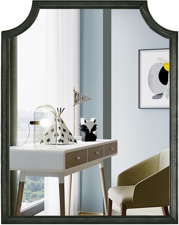WallBeyond Scalloped Wood Mirror for Wall Decor 16x20 Inch Black Small Bathroom Vanity Rectangle Mirror for Hallway Bedroom Living Room(Black)