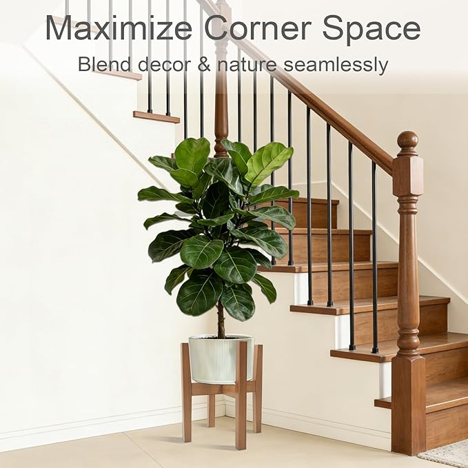 Natural Bamboo Plant Stand Indoor, Adjustable Plant Shelf Indoor Fits 8-12 Inch Pots, Mid Century Modern Decor to Refresh Your Space(Pot & Plant Not Included)