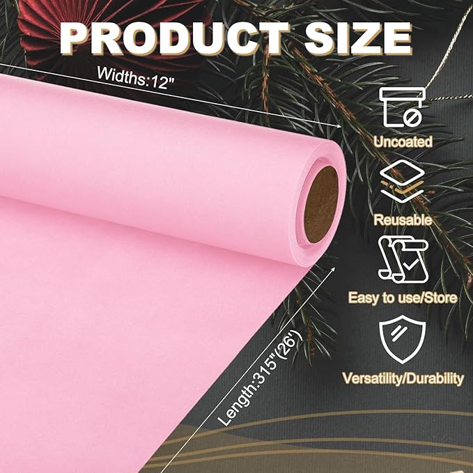 PATIKIL Wrapping Paper, 12"x315"(26') Bulletin Board Paper Roll Kraft Paper Roll Construction 80GSM for Shipping Packing Gift Wrapping Craft Flower Bouquet Christmas, Pink