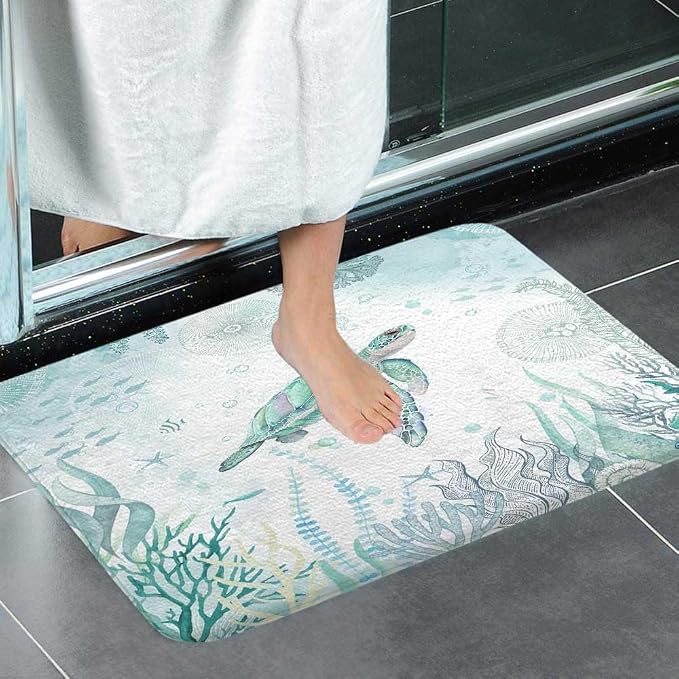 Sea Turtle Bath Rugs for Bathroom, Blue Teal Ocean Beach Nautical Coastal Fish Beachy Summer Animal Seashell Kids Non Slip Flannel Bathroom Rug, Dry Fast Water Absorbent Bath Mats, 17x29 Inch