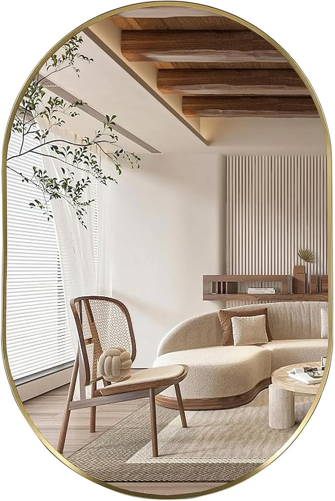 Gold Oval Mirror, 22"x30" Oval Bathroom Mirror, Vanity Mirror with Brushed Metal Frame, Wall Mount Mirrors Decor for Bathroom, Bedroom, Entryway, Living Room(Hangs Horizontally or Vertically)