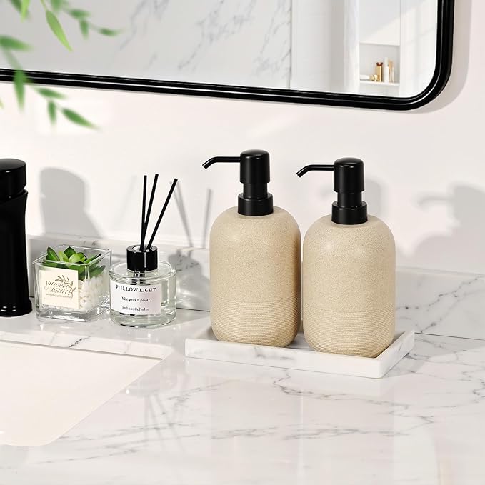 Luxspire 2 Set Soap Dispenser Cylinder-Shaped Resin and Gravel Liquid Soap Dispenser with Pump, 450ml Shampoo Container, Decorative Hand Soap Bottle for Bathroom, Kitchen and Hotel, Beige