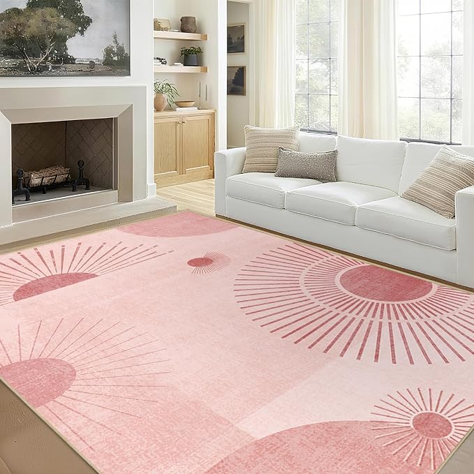 Large Area Rug 6x9 Sun Rug Living Room Mid Century Modern Rugs Machine Washable Boho Geometric Rug Non Slip Printed Low Pile Indoor Floor Carpet for Dining Room Bedroom Office,Pink