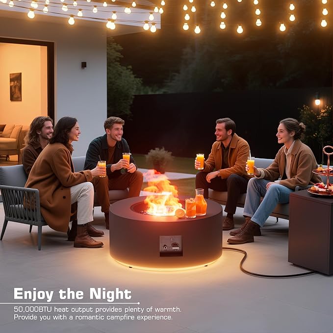 2-Piece 30" LED Round Propane Fire Pit for Outside Patio with Hidden Tank Table, 50,000 BTU Fireplaces with Lid, Glass Rocks, Cover(Dark Grey w/Golden Light)