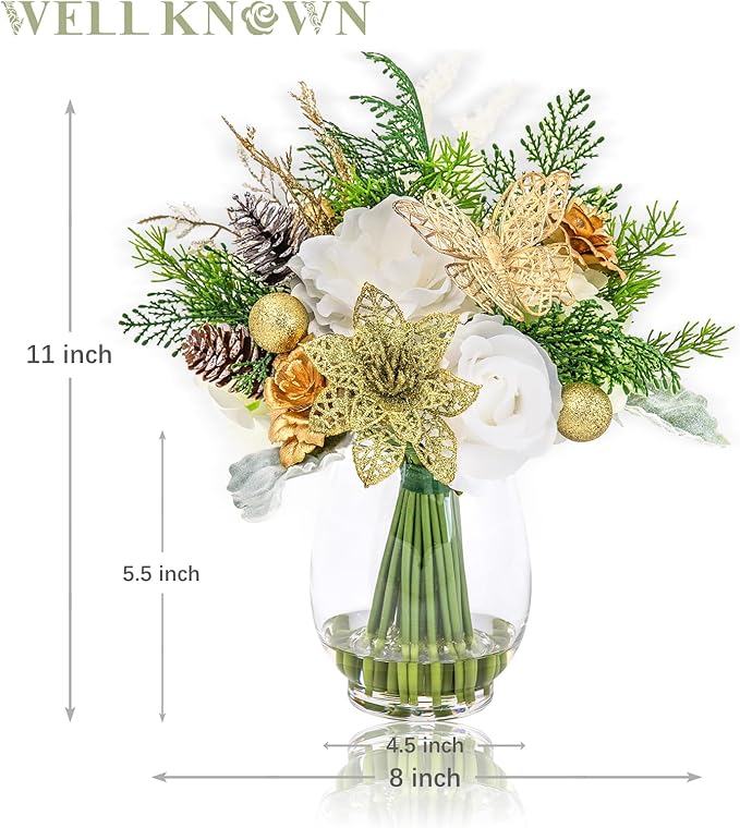 Fake Flowers in Vase, Golden Shimmer Poinsettia & Butterfly, Artificial Rose Flowers Arrangement Centerpiece for Dining Table Wedding Party Fall Winter Home Christmas Decor Gift (Gold White & Green)