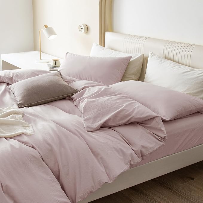 JIYUAN 100% Washed Cotton Duvet Cover Set 3 Pieces Alaska King, 1 Duvet Cover 132x120 Inches(Comforter Not Included) and 2 Pillowcases,Linen Like Comfy and Breathable,Heathered Greyish Pink
