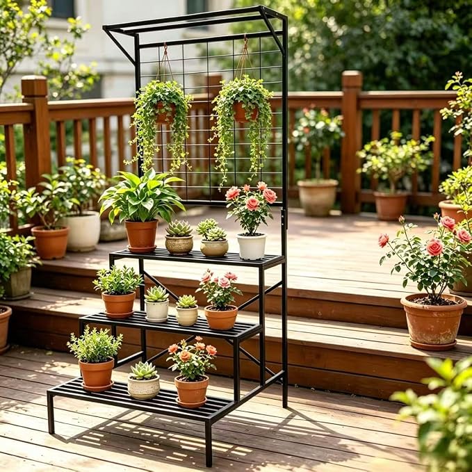 Zhongma 3 Tier Large Heavy Duty Plant Stand with Hanging Plant pot shelf, 35.43 x 33.27 x 78.74, Tall multi layer Plant Holder for Home, Garden, Each Tier: 35.43 L x 10.5W, Easy to Hold Large Plant