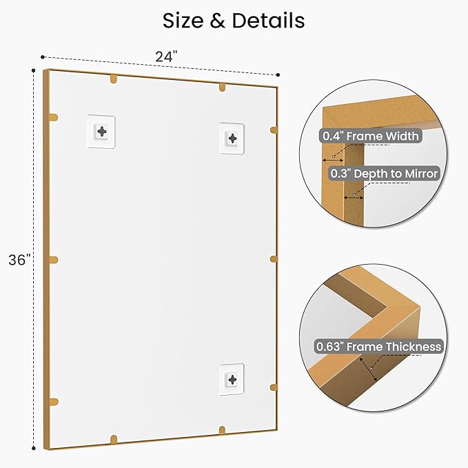 2-Pack 24"x36" Vintage Gold Bathroom Mirror, Antique Brass Deep-Set Metal Frame, Heavy-Duty Rectangular Wall Mirror, Traditional Bedroom & Mantel Decor