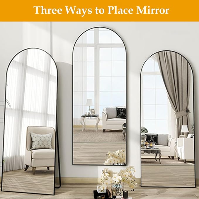 Dewfig Arched Full Length Mirror, 64"x21" Large Floor Mirrors with Stand, Full Body Mirror for Leaning Hanging, Standing Mirrors for Bedroom, Living Room,Dressing Room, Aluminum Alloy Frame, Black