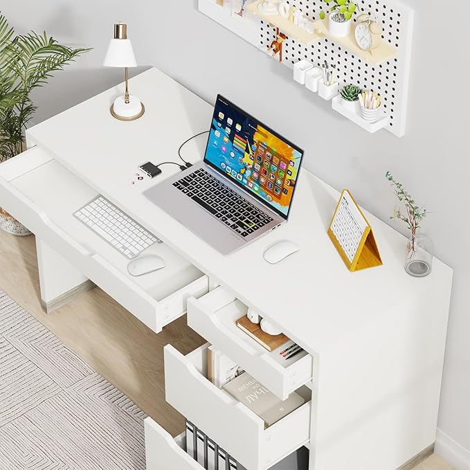 52 Inch White Desk with Drawers, Small Desk with Storage for Kids, Study Worksation with Filing Cabinet and 4 Drawers for Bedroom