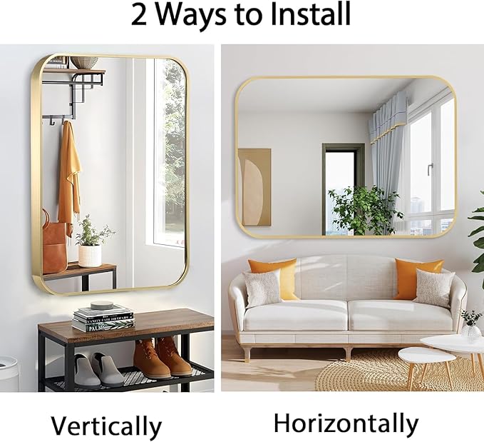 30x36 Inch Gold Bathroom Mirror, Brushed Gold Metal Framed Rectangular Mirror with Rounded Corner, Bathroom Vanity Mirror for Bedroom or Living Room, Horizontal/Vertical