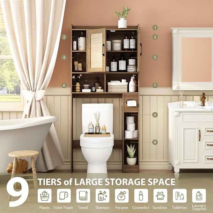 RUSTOWN Rattan Over The Toilet Storage Cabinet,Boho Over Toilet Bathroom Organizer with 2 Doors & Adjustable Shelves,Modern Above Toilet Rack with Toilet Paper Holder for Bathroom (Rustic Oak)
