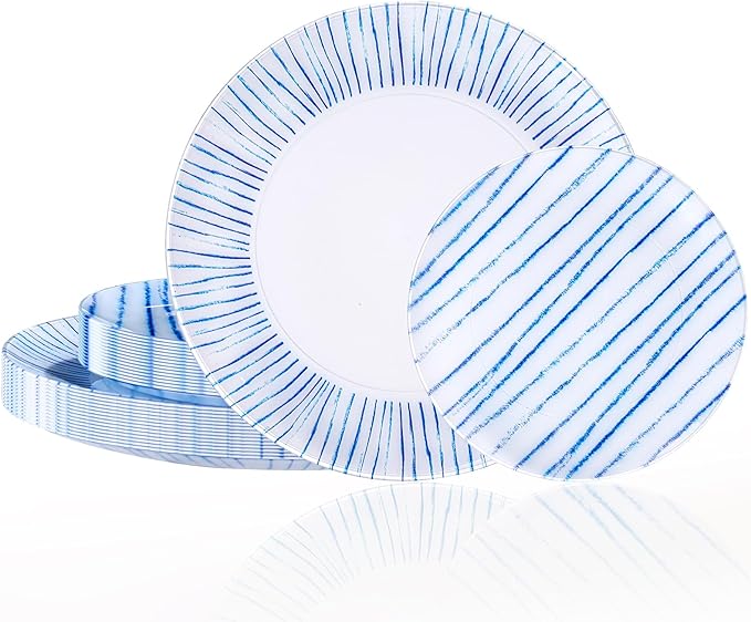 U-QE 20Pcs Blue Plastic Plates - Blue Stripes Hanukkah Plates Disposable Heavy Duty, Fancy Stripes Pattern Perfect for Hanukkah, Weddings, Tea Parties, Holidays - 10.25" Dinner & 7.5" Dessert Plate