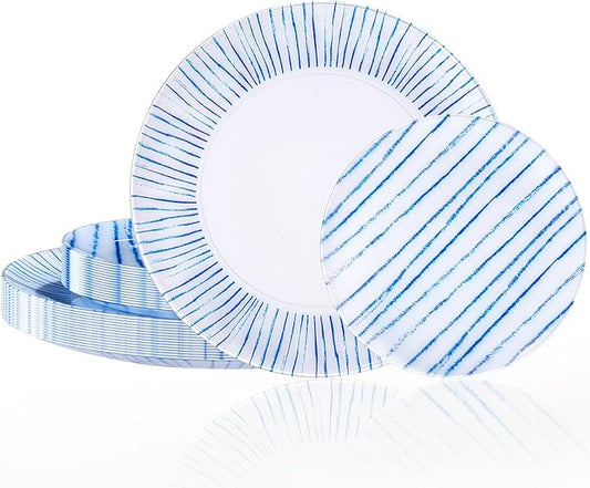 U-QE 20Pcs Blue Plastic Plates - Blue Stripes Hanukkah Plates Disposable Heavy Duty, Fancy Stripes Pattern Perfect for Hanukkah, Weddings, Tea Parties, Holidays - 10.25" Dinner & 7.5" Dessert Plate