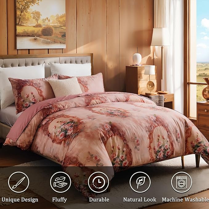 100% Cotton Duvet Cover Set King Size – Pink French Vintage Rose Bedding with Zipper Closure, 3-Piece Luxury Romantic Shabby Chic Floral Comforter Cover with 2 Pillowcases