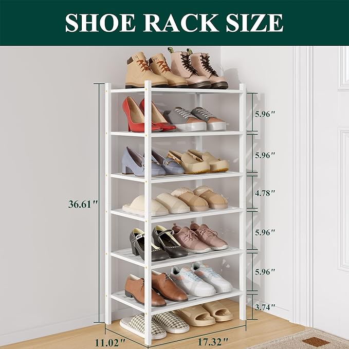 Smiry Small Bamboo Shoe Rack 6-Tier, Stackable Wooden Shoe Organizer for Entryway & Closet, Free Standing Wood Shoe Storage Shelf for Front Door & Small Spaces, White