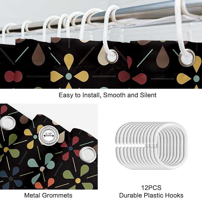 APROPHIC Mid Century Retro Shower Curtain 72x72 Inches, Vintage Geometric Pattern Bathroom Curtain with Hooks, Waterproof Polyester Fabric for Bath Shower, Machine Washable Home Decor for Bath, Black