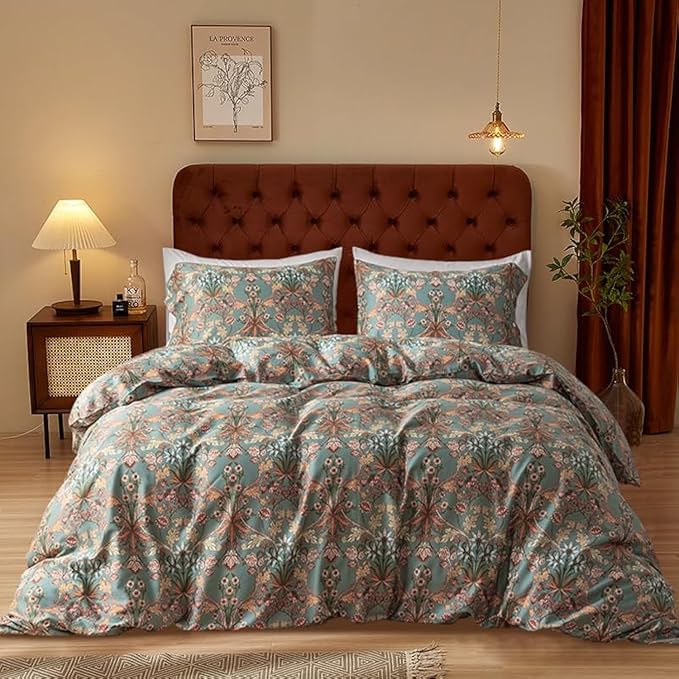 EAVD Vintage Style Botanical Floral Duvet Cover Queen Soft 100% Cotton Garden Floral Bedding Set for children,teens,adults, boys,girls,women&men Boho Floral Comforter Cover with Zipper Closure 4 Ties