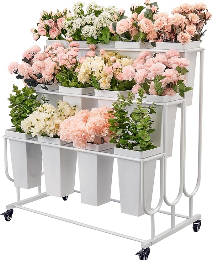 Flower Display Stand Frame, 3-Tier Flower Cart with Wheels, Metal Floral Display Rack , Moving Florist Bouquet Shelf for Shop ,Flower Bar, Events (White - 3 Tier)