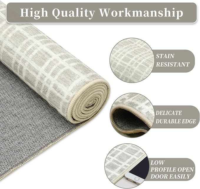 Living Room Rug 4x6 Washable Modern Bedroom Rug Aesthetic Farmhouse Grid RugsNon Slip Accent Rugs with Rubber Backing Soft Low Pile Stain Resistant Carpet for Office 4'x6' Light Grey
