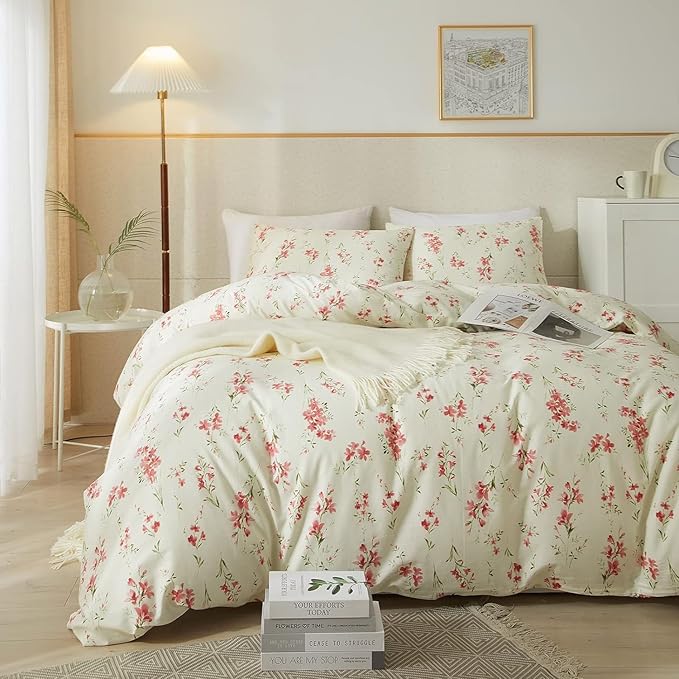 Vintage Garden Style Pink Floral Comforter Set Full Chic Boho Floral Bedding Comforter Fluffy Soft Aesthetic Flowers Botanical Comforter with 2 Pillowcases Girls Women Cottagecore Comforter Set