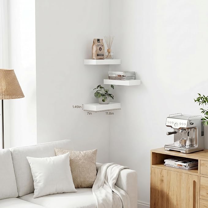 White Floating Shelves for Wall Set of 3, 11.8 Inch Small Wall Shelves for Bathroom Over Toilet, Kitchen & Bedroom Storage, Wall Mounted Shelf Set for Decor, Books & Toiletries