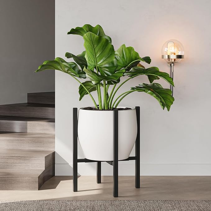 Adjustable Metal Plant Stand Indoor, Fits 9-15 Inch Pots, Mid Century Modern Planter Holder,2 Heights, Heavy Duty 160 lb, Indoor Outdoor Corner Floor Pot Stand, Black with Round Plate